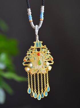 S925银镀18K金镶和田白玉盾牌珐琅宫廷复古吊坠汉服配饰玉坠项链