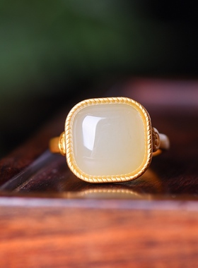 S925银镀18K金镶和田玉白玉方形女宫廷复古戒指戒圈汉服配饰指环