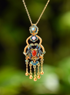 S925银镀18K金镶和田墨玉葫芦珐琅宫廷复古吊坠汉服配饰玉坠项链