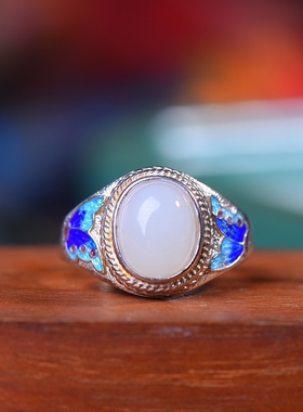 S925银镀18K金镶和田玉白玉蛋面女宫廷复古戒指戒圈汉服配饰指环