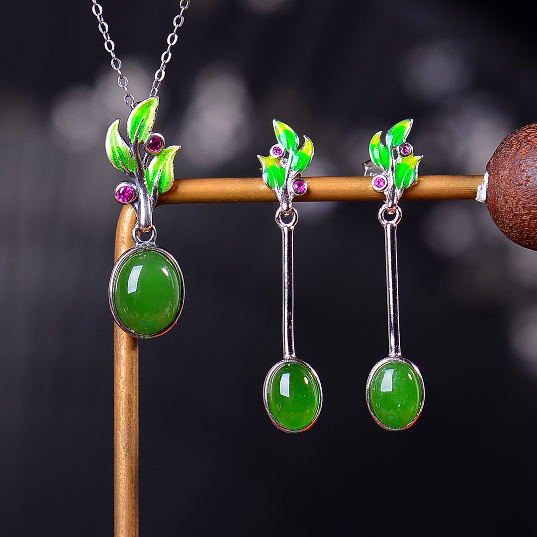 S925银镀18K金镶和田碧玉蛋面汉服配饰复古套装吊坠项链耳坠一套