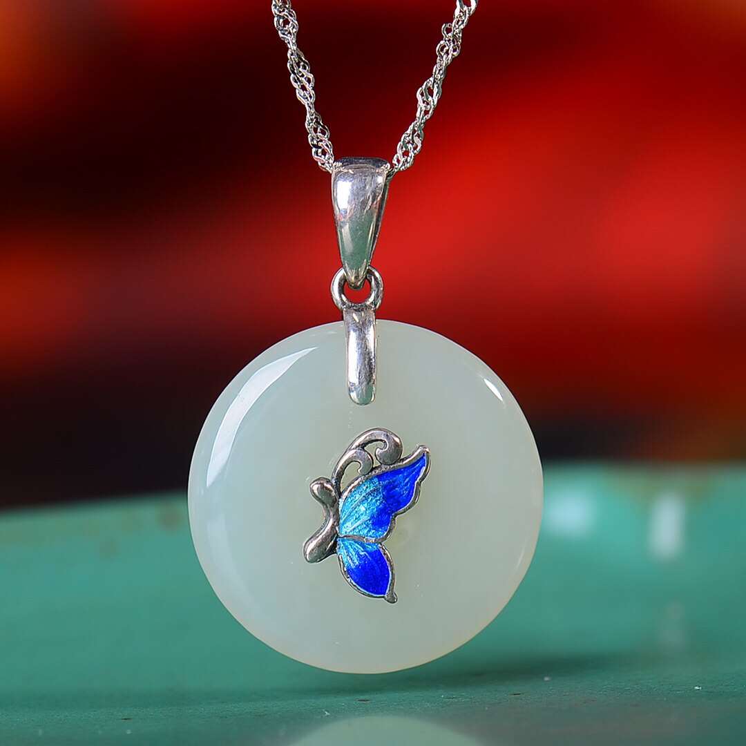 S925银镀18K金镶和田玉平安扣珐琅宫廷复古吊坠汉服配饰玉坠项链
