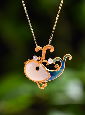 S925银镀18K金镶和田玉白玉海豚女宫廷复古吊坠汉服配饰玉坠项链