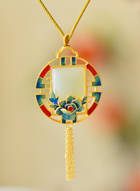 S925银镀18K金镶和田白玉方形珐琅宫廷复古吊坠汉服配饰玉坠项链