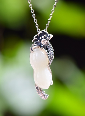 S925银镀18K金镶和田玉白玉花生女宫廷复古吊坠汉服配饰玉坠项链