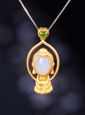 S925银镀18K金镶和田玉宝宝佛珐琅宫廷复古吊坠汉服配饰玉坠项链