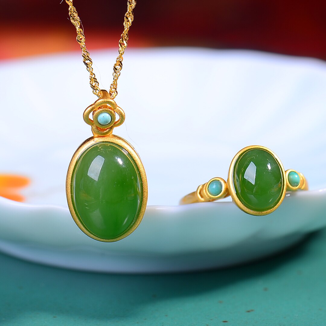 S925银镀18K金镶和田玉碧玉蛋面汉服配饰复古套装女吊坠项链戒指