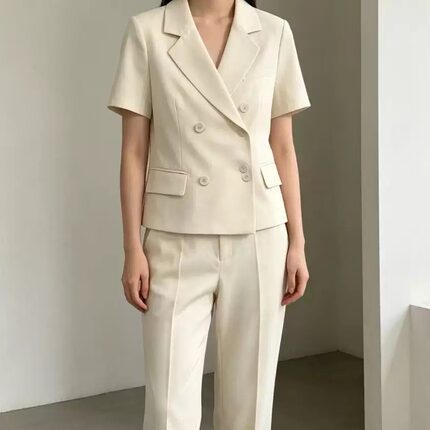 （虹虹专享）-杏色西装套装女夏短袖薄款双排扣职业装商务通勤高