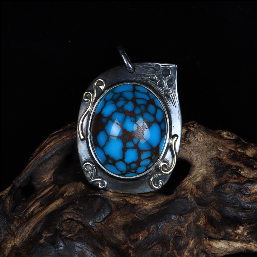 特价藏传包老精品乌兰花绿松石吊坠挂坠925银包镶古珠老松石