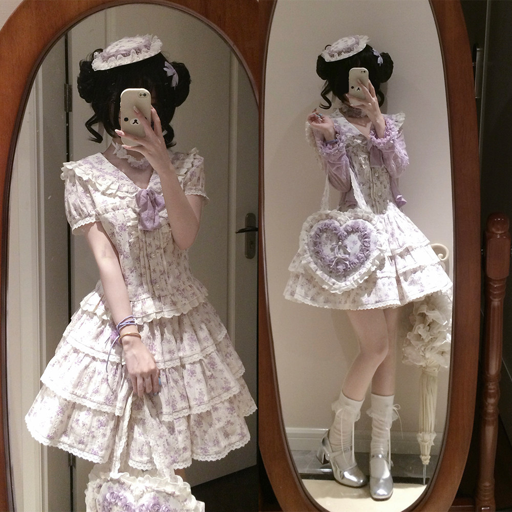 浪漫糜书连衣裙夏日碎花温柔甜美风两件套蛋糕裙羊毛开衫甜蜜梦境 - 实物图
