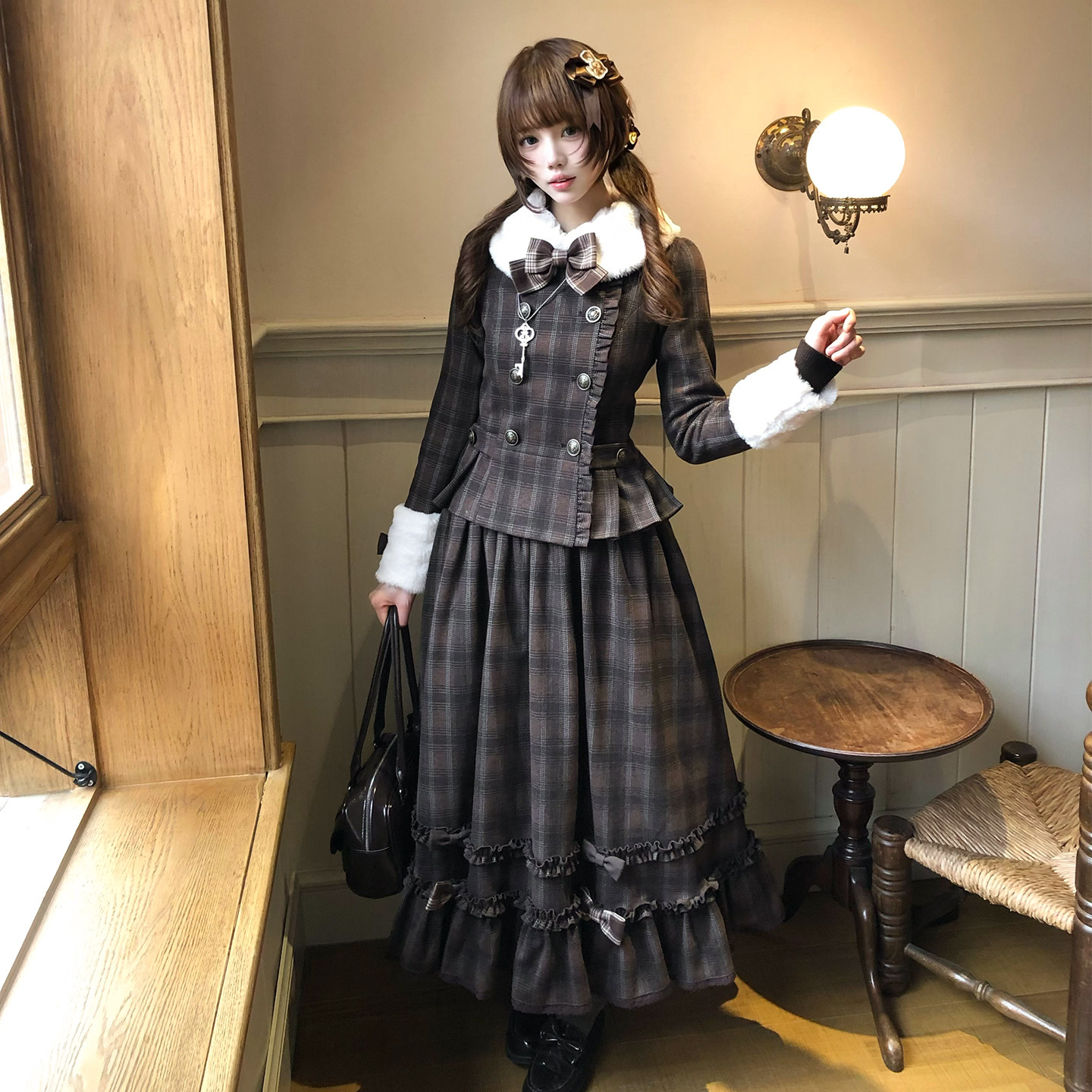 夹心巧克力长裙两件套冬装修身保暖复古格子呢子甜蜜梦境Lolita