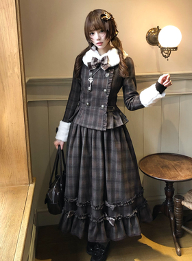 原创夹心巧克力系列长裙冬装修身保暖复古格子呢子甜蜜梦境Lolita