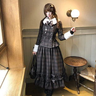 原创夹心巧克力系列长裙冬装修身保暖复古格子呢子甜蜜梦境Lolita