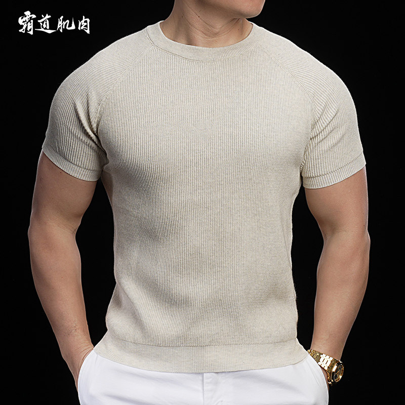 霸道肌肉 高定老钱风小领口短袖男士棉感休闲复古打底针织衫春夏,运动服/休闲服装,运动POLO衫,淘宝优惠券,粉丝福利购,淘宝优惠卷