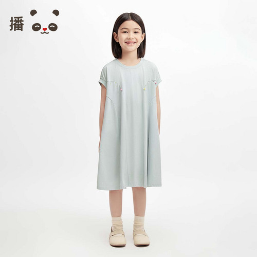 播broadcute童装女童裙子纯棉彩色钉珠宽松连衣裙纯色短袖夏裙