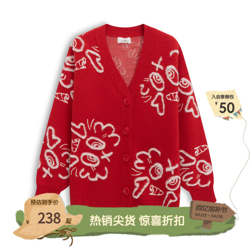 播broadcute童装羊毛针织开衫冬男女童卡通提花毛衣外套KGQ4U640