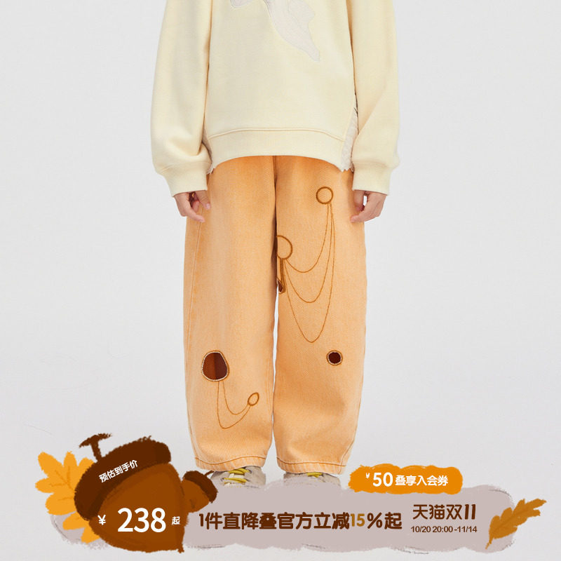 播broadcute童装裤子男童女童2024春新款休闲宽松卡通破洞牛仔裤