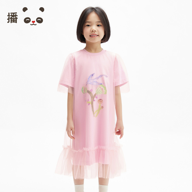 播broadcute童装女童连衣裙网纱拼接纯棉短袖裙子粉色公主裙夏季图片