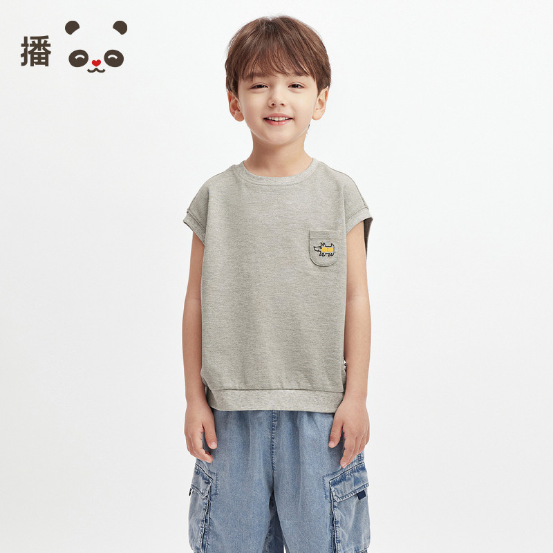 播broadcute童装男童短袖坎肩印花纯棉运动宽松上衣背心T恤夏季图片