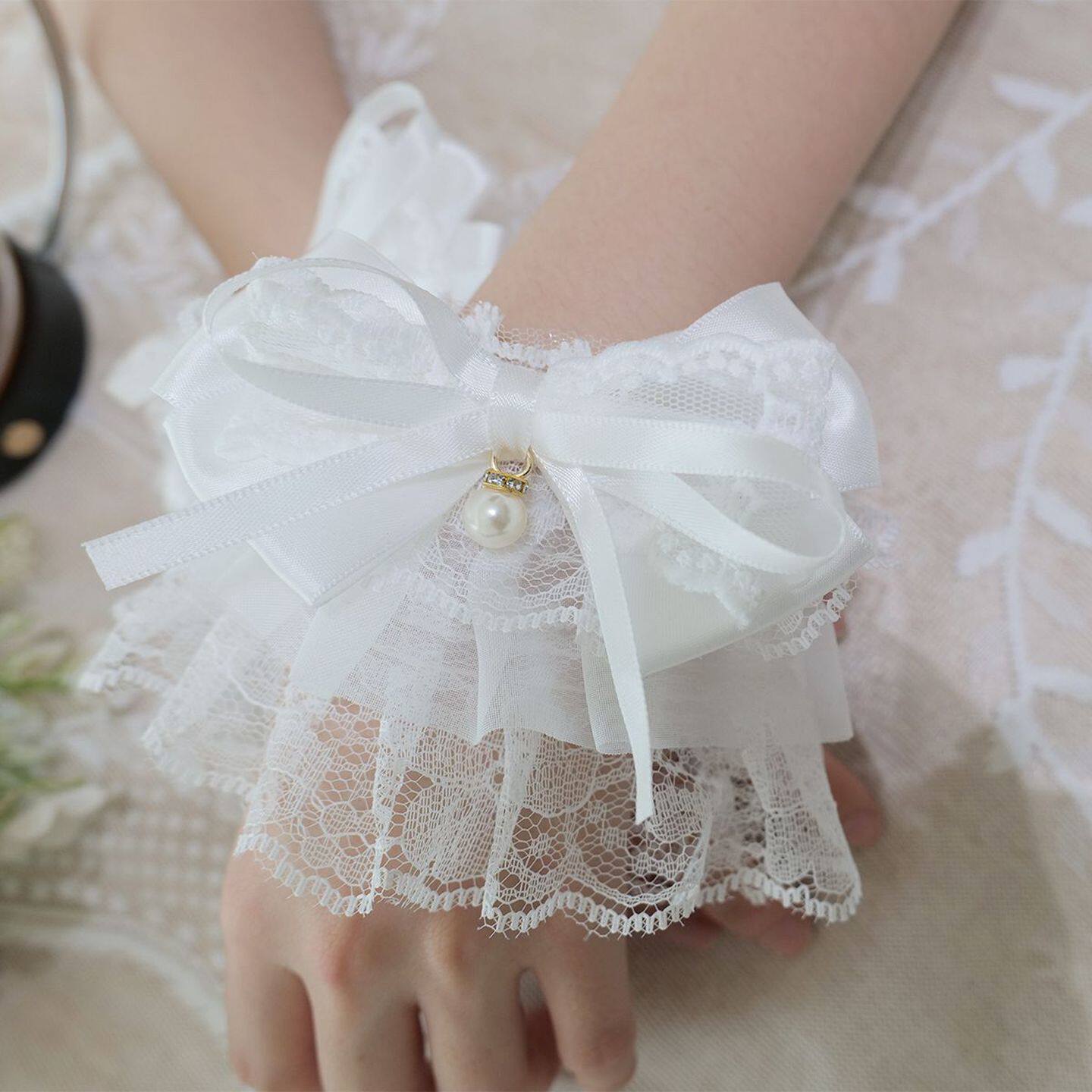 lolita蕾丝多层花边手袖女春秋日系jk蝴蝶结洛丽塔甜美蕾丝花边手