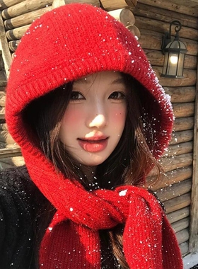 红色巴拉克拉法帽女秋冬季护耳保暖毛线帽子围巾一体连帽针织帽冬