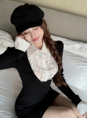 实拍实价  纽约艺高针织连衣裙内搭裙假两件拼接衬衫领裙子百褶裙