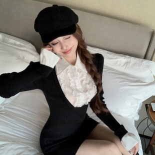 实拍实价 纽约艺高针织连衣裙内搭裙假两件拼接衬衫领裙子百褶裙