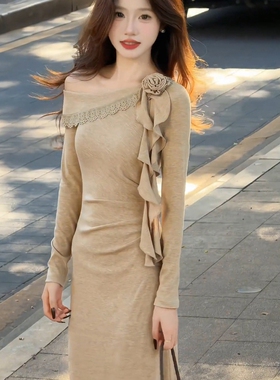 法式温柔风荷叶边飘带针织长袖连衣裙约会穿搭气质收腰长裙2025秋