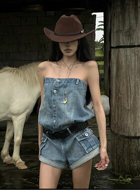 韩好甜WARDEN EDGE辣妹复古蓝色牛仔连体裤