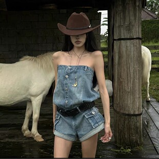 韩好甜WARDEN EDGE辣妹复古蓝色牛仔连体裤