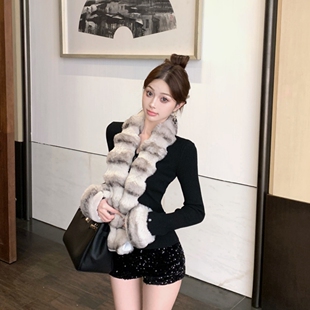 针织开衫 拼接定制毛毛绑带冬季 修身 实拍实价波浪纹小众设计款