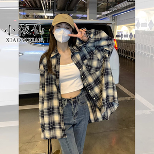 小依仙复古格子条纹衬衫女款春秋2024小众设计感衬衣外套休闲上衣