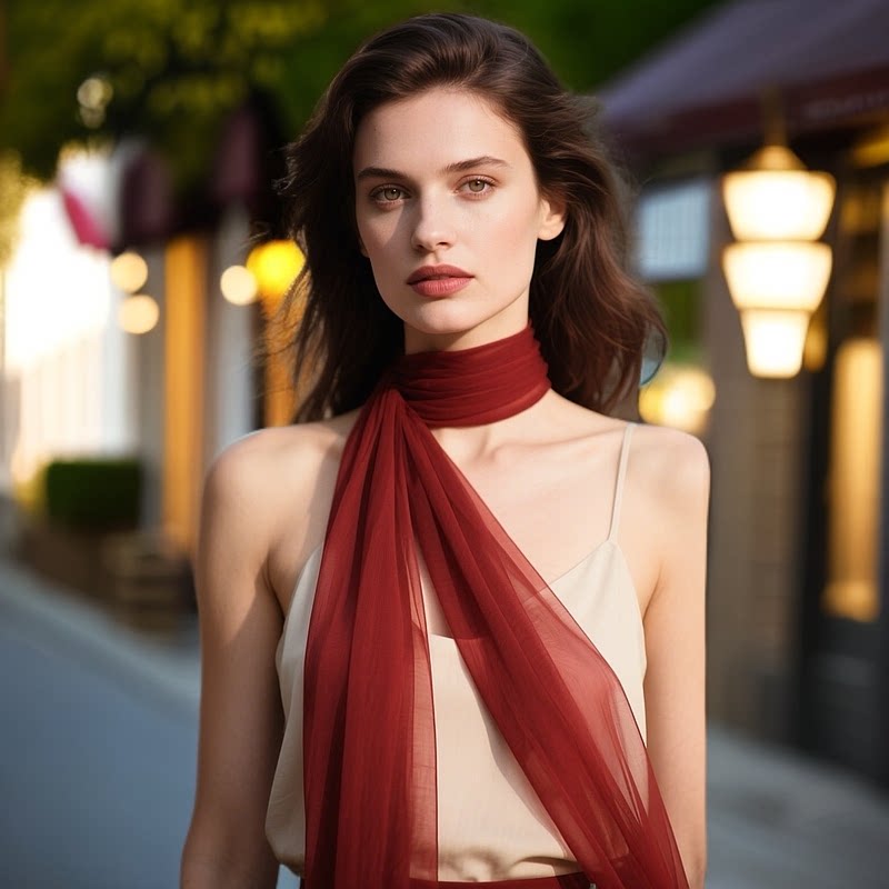 上海故事桑蚕丝巾纯色酒红色长条纱巾女春秋薄款真丝围巾女礼盒装