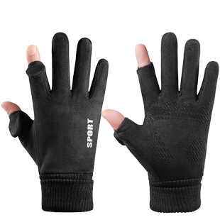 手套男款冬季防风加绒保暖触屏防水骑行开车摩托车外卖半指麂皮绒