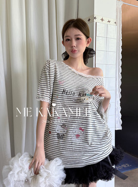 ME KAKAMEE夏新品婚纱KT猫蕾丝拼接斜肩休闲宽松女短袖T恤S5129