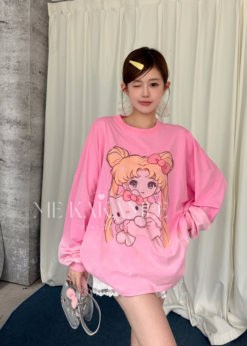 ME KAKAMEE秋新品重工渐变水洗美少女AB面宽松大版长袖T恤S5553