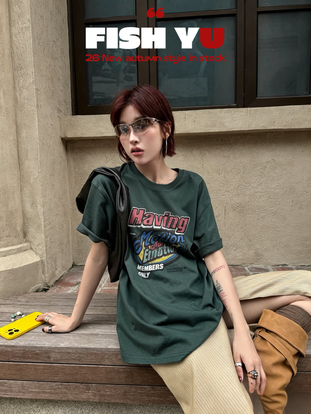 FISH YU美式复古做旧彩色字母白墨印花圆领宽松大版短袖T恤626531