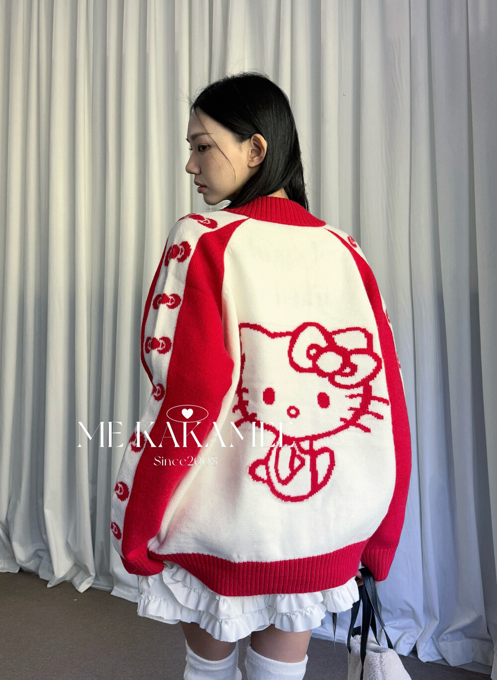 ME KAKAMEE冬新品甜酷撞色KT猫提花开衫保暖毛衣外套女 A3190