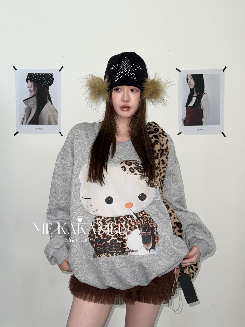 KAKAMEE冬新品甜酷豹纹KT猫加厚婴儿绒带豹纹包包大版卫衣A3036