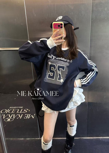 ME KAKAMEE冬新品晕染数字72拼接织带设计感薄绒卫衣圆领休闲9726