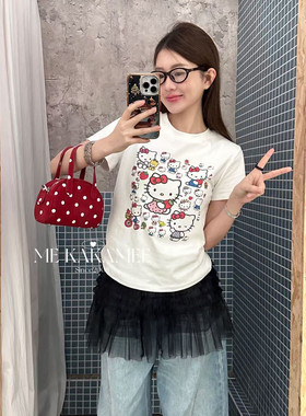 ME KAKAMEE春新品喷画KT猫设计弹力小版短袖T恤上衣修身韩版9130