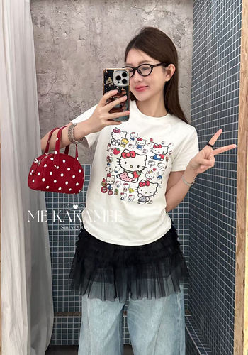 ME KAKAMEE春新品喷画KT猫设计弹力小版短袖T恤上衣修身韩版9130