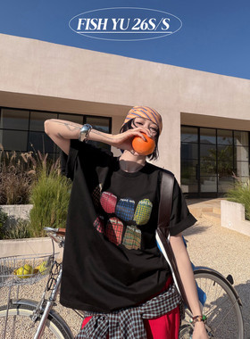 YU2026早春新款美式复古格纹衬衫印花宽松圆领短袖T恤大版626080