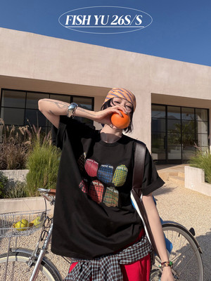 YU2026早春新款美式复古格纹衬衫印花宽松圆领短袖T恤大版626080