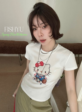 YU夏新款韩系减龄Kitty猫弹力修身正肩小版短袖T恤26132