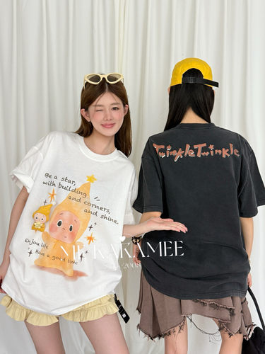 ME KAKAMEE夏新品立体星星人AB面喷画水洗炒纱宽松短袖T恤 S3955
