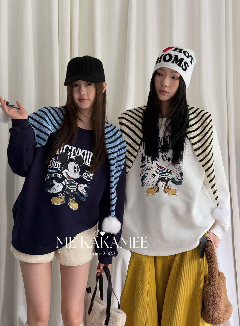 ME KAKAMEE冬新品圆领大版休闲喷画米奇加绒卫衣 配可拆披肩9039