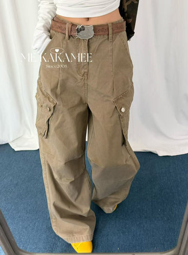 ME KAKAMEE秋新品美式大口袋KT猫设计工装裤牛仔裤 配腰带C0901