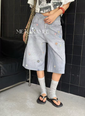 ME KAKAMEE夏新品3d工艺扣子设计七分牛仔裤女显瘦休闲0803