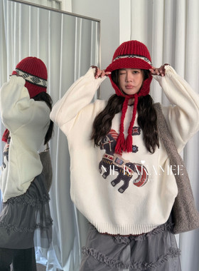 ME KAKAMEE冬新品新年限定小马贴布刺绣撞色花苞袖宽松毛衣A3281